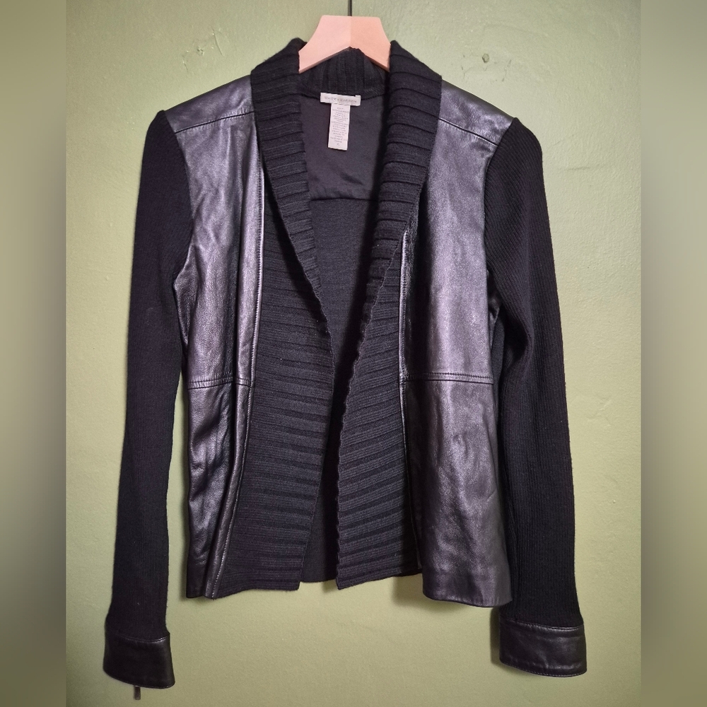 White + Warren Merino Wool Leather Trim Jacket Black Size S